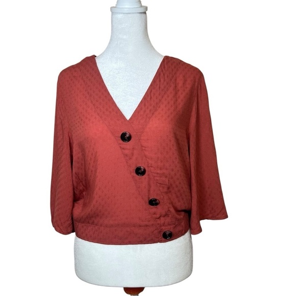 OXXO Burnt Orange Crepe Bell Sleeve Shirt Top Terra Rosa Coastal Cowgirl Sz Med - Picture 5 of 12